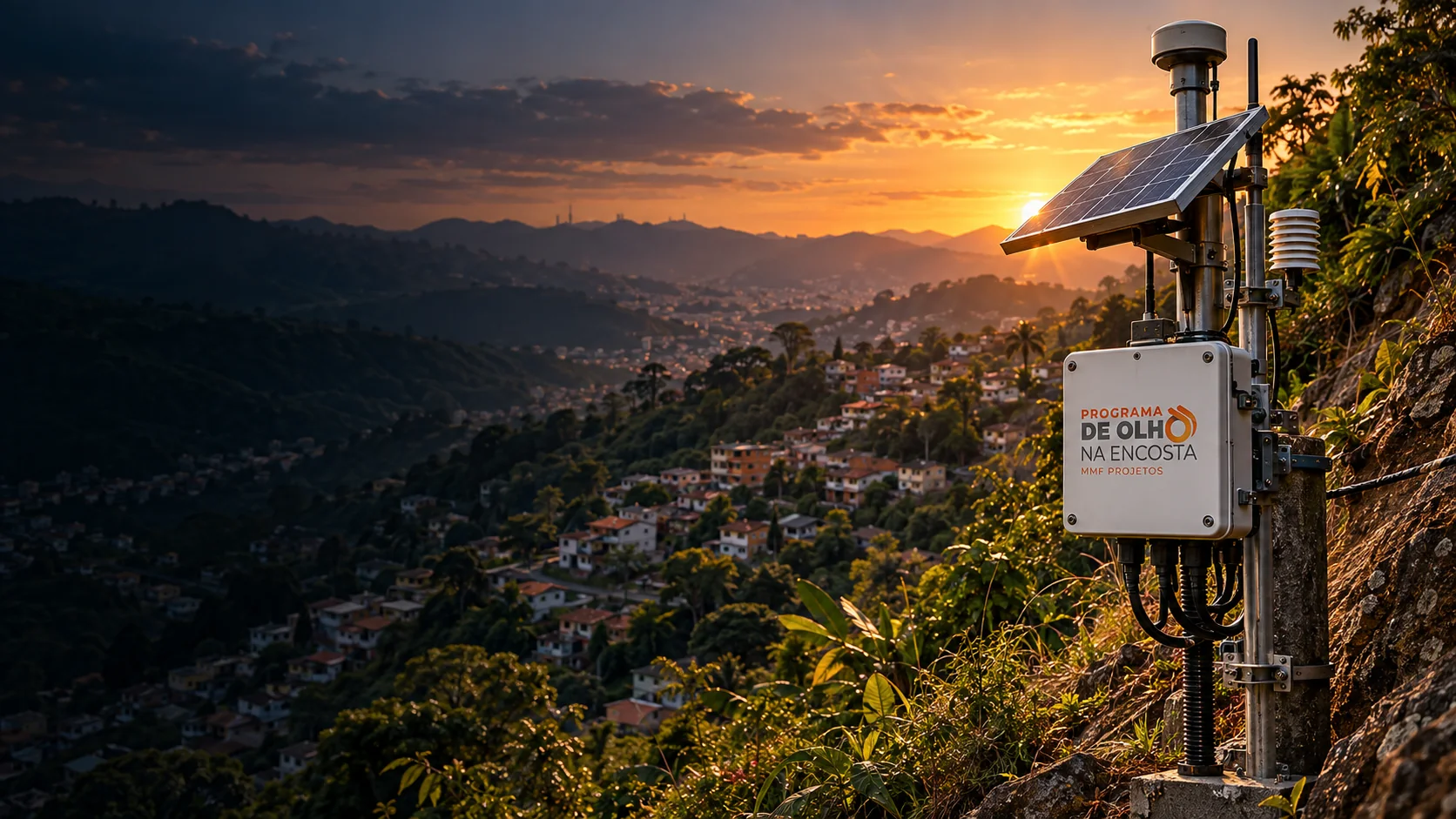 Estação de monitoramento instalada em encosta urbana, ao pôr do sol