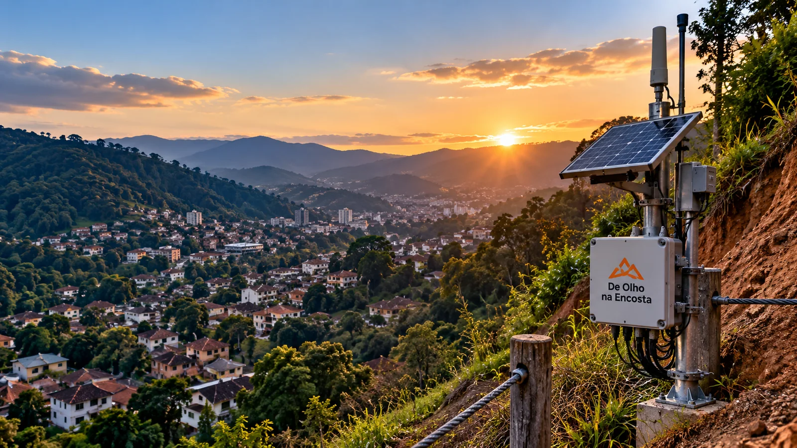Vista panorâmica de área urbana em região de encosta, com estação de monitoramento em primeiro plano
