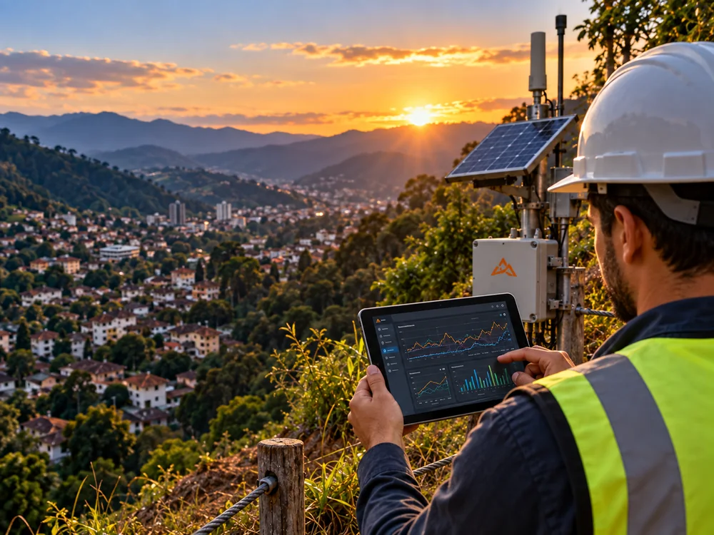 Técnico acompanhando dados de monitoramento em campo
